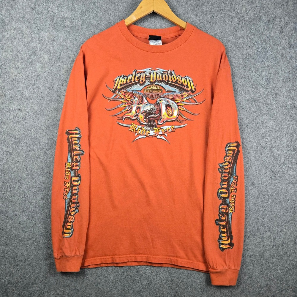 Harley Davidson Shirt Mens XL (Fits L) Orange Sleeve Graphic Eagle Nature 00s